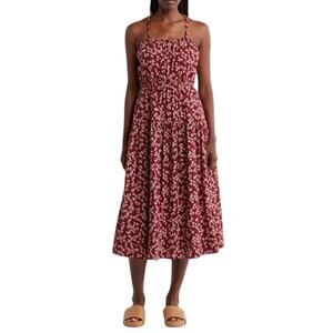 Melrose and Market Smocked Midi Dress Burgundy Carolyn Red Floral